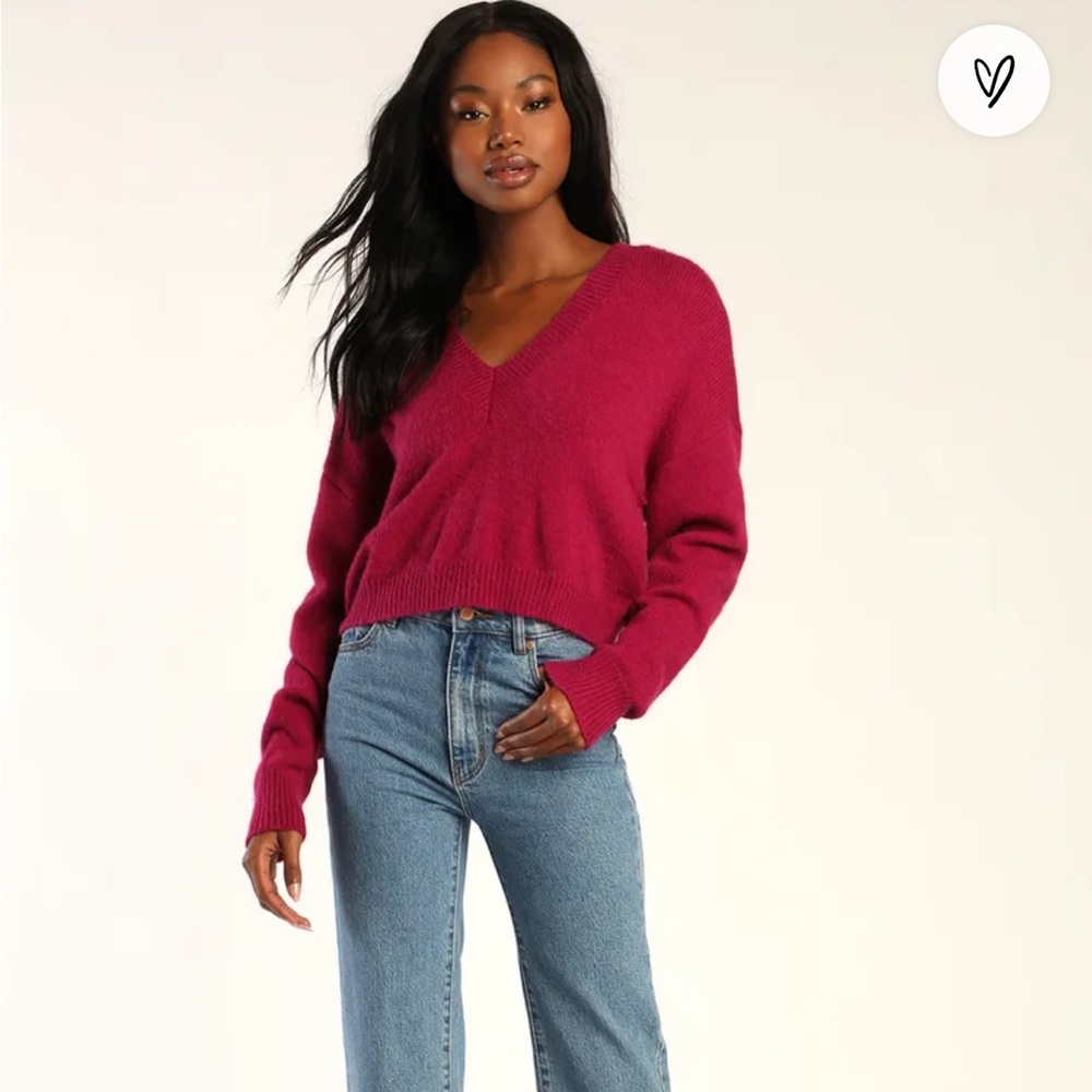 Lulu's Deep Pink V-Neck Sweater